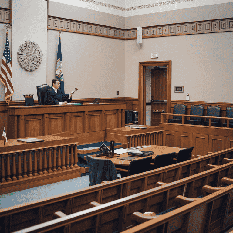 A courtroom setting showing a judge and an empty witness stand, symbolizing the legal proceedings in a domestic violence case.