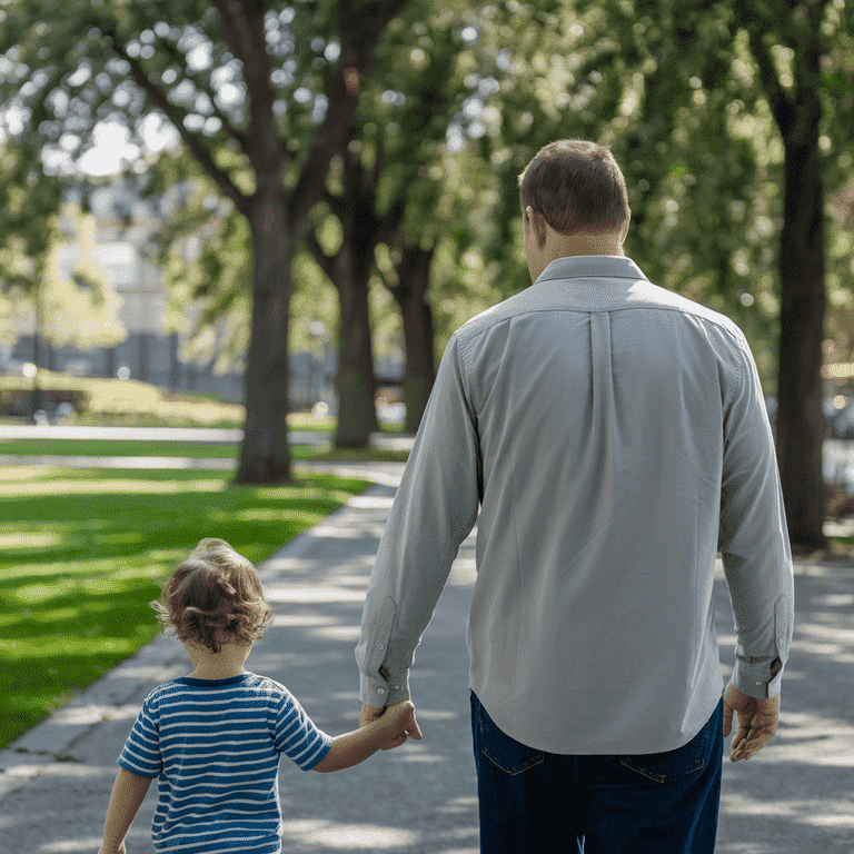 Father walking with his child in the park, enjoying quality time together.