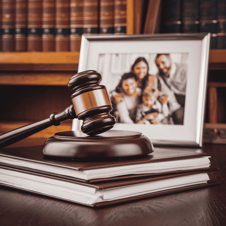 A gavel resting on family law documents with a family photo blurred in the background, symbolizing legal decisions in family matters.