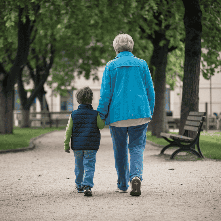 A grandparent and grandchild walking together in a park, representing family bonding and the significance of visitation rights in custody cases.