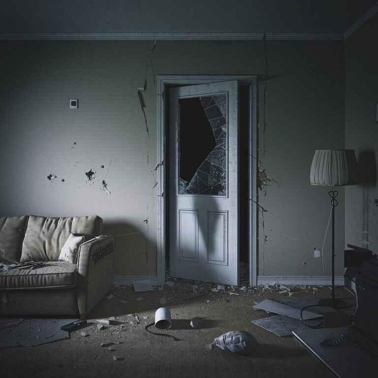 Empty home with a broken door, symbolizing the emotional and financial impact of theft on victims