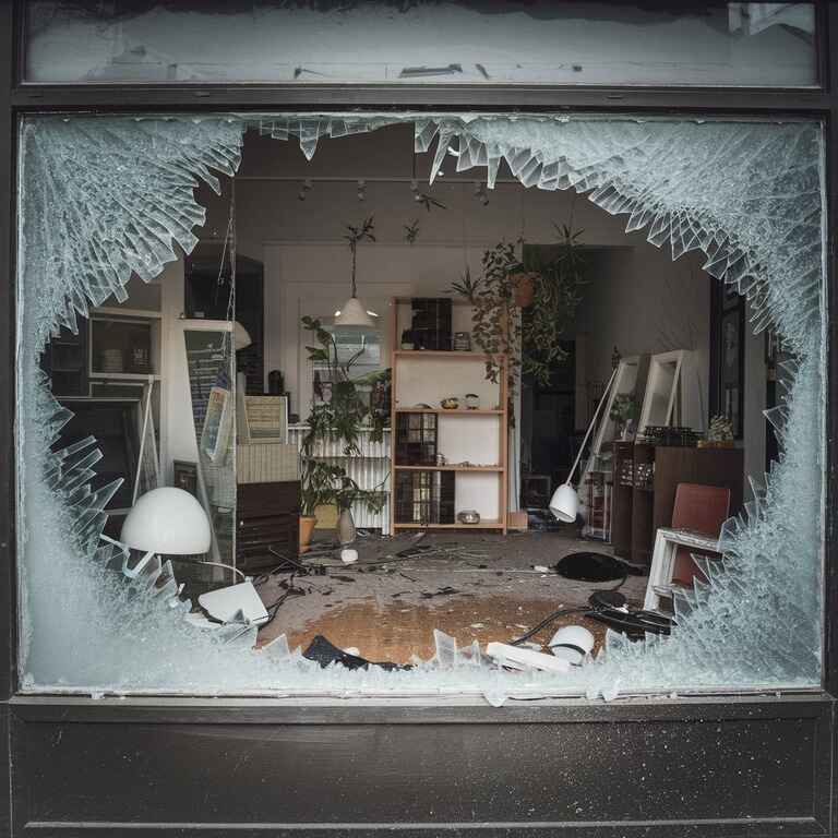 Broken window and scattered items, representing the impact of theft on victims.