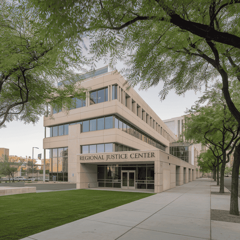 Exterior view of the Regional Justice Center in downtown Las Vegas