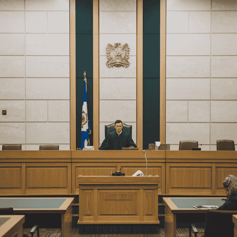 A Las Vegas courtroom with the judge's bench and jury box visible