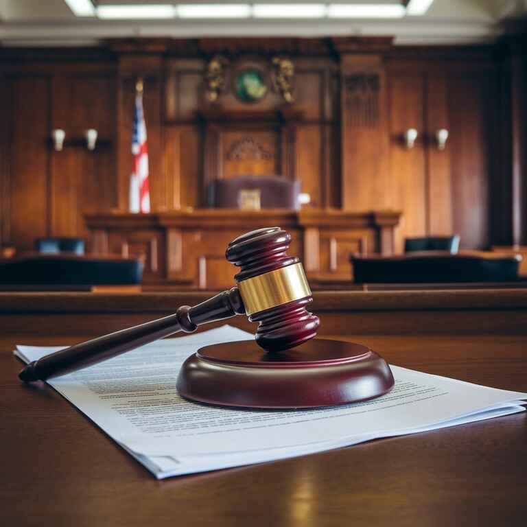 Gavel on a legal document in a courtroom, representing the legal process.