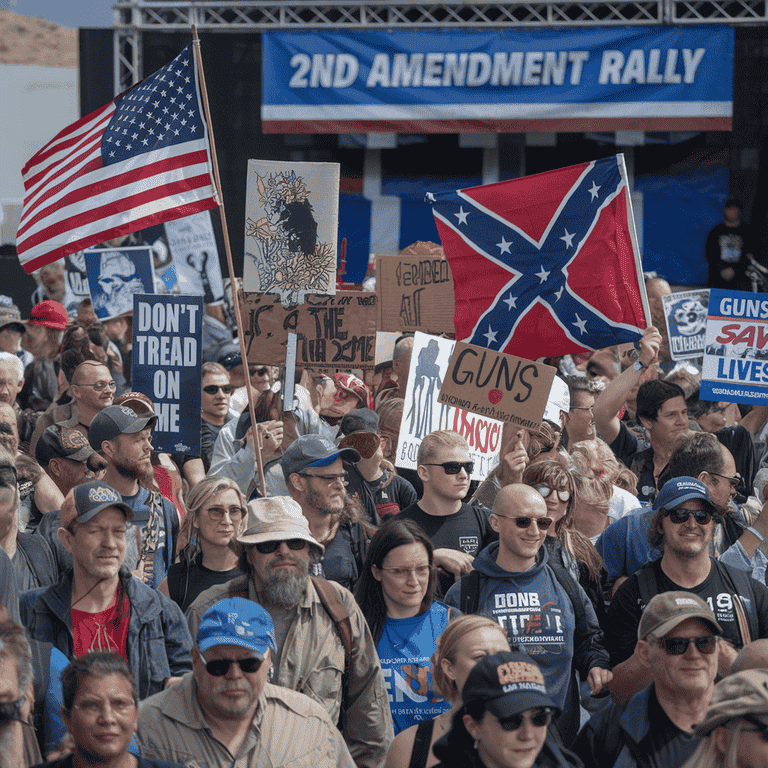 Crowd of people at a gun rights rally in Las Vegas, holding signs and flags