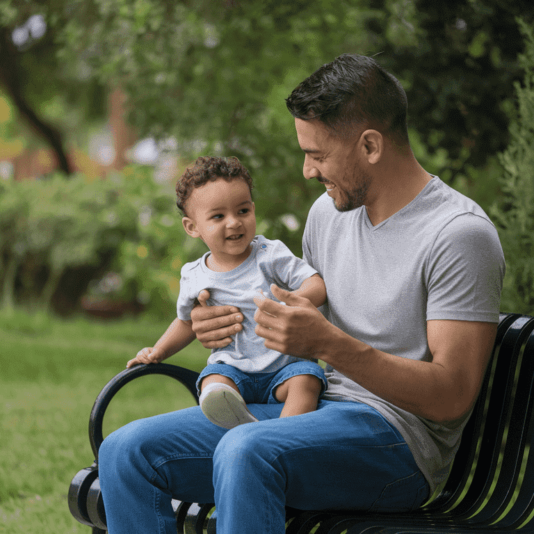 Unmarried father sitting on a bench with his child, enjoying a moment together.