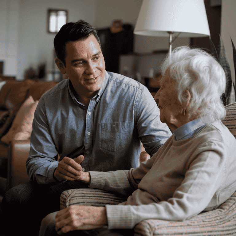 A supportive adult talking to an elderly person in a warm home environment.