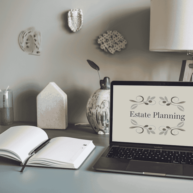 A workspace with an open notebook and a laptop displaying an estate planning document, symbolizing the process of developing and reviewing an estate plan.