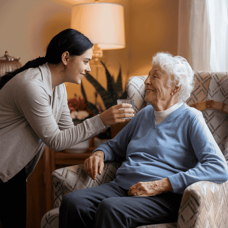  A caregiver and an elderly individual sharing a conversation in a cozy living room, illustrating the supportive relationship between a guardian and their ward.