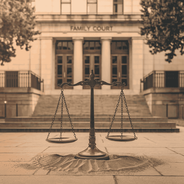 Exterior view of a family court building with a scale of justice symbolizing legal standards for custody decisions.