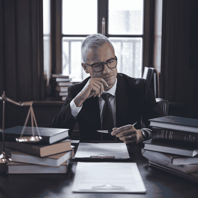 Lawyer evaluating case strategy with legal documents and books.