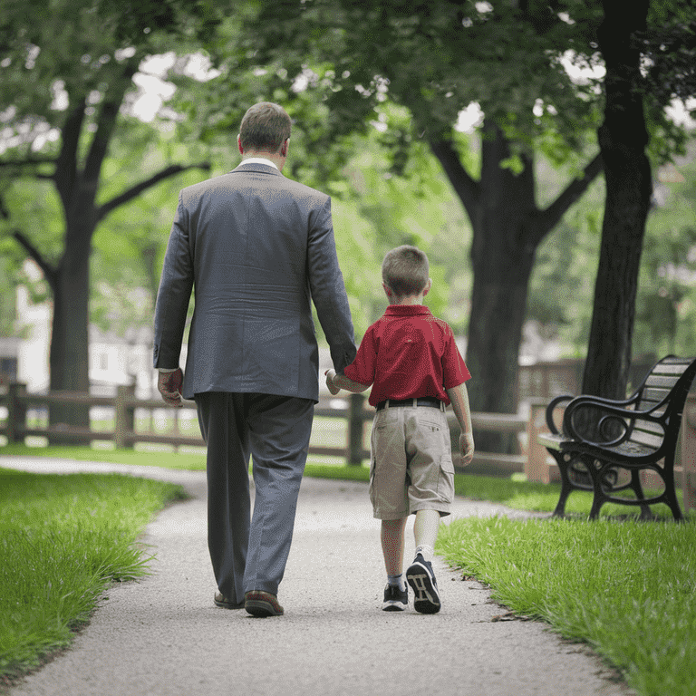 Parent and child walking together in a park, symbolizing family and child custody matters.