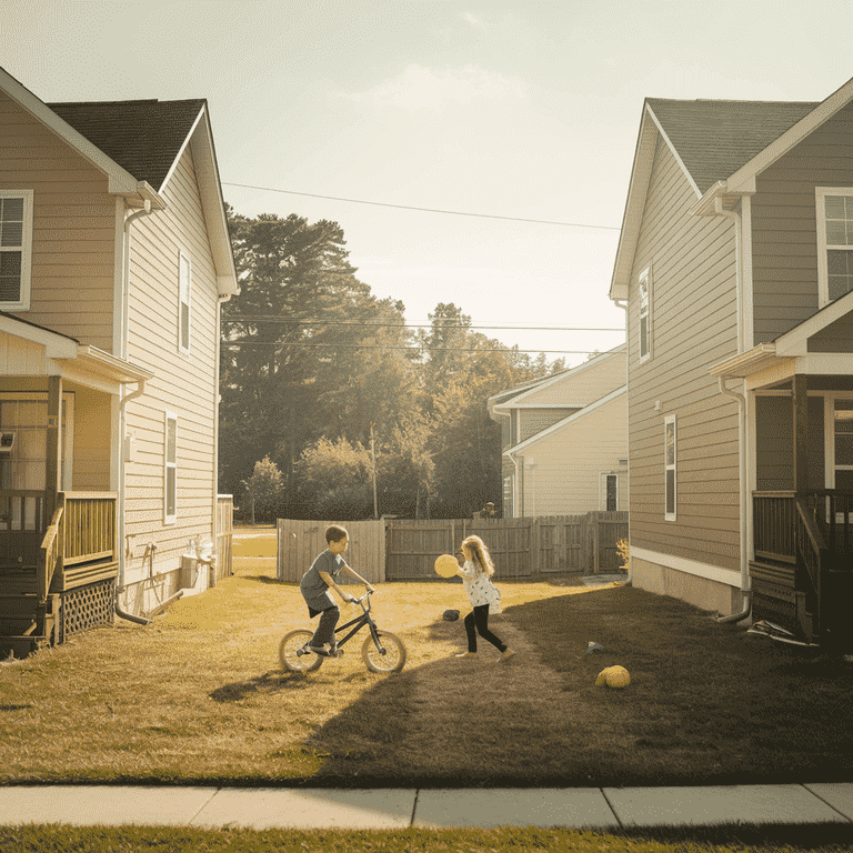 Two homes with a shared yard, symbolizing the balance of co-parenting between households.