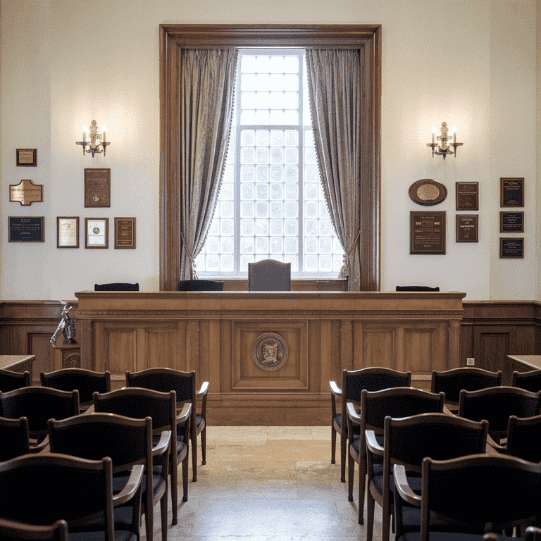 Empty courtroom with a judge's bench and attorney seating, symbolizing legal proceedings.