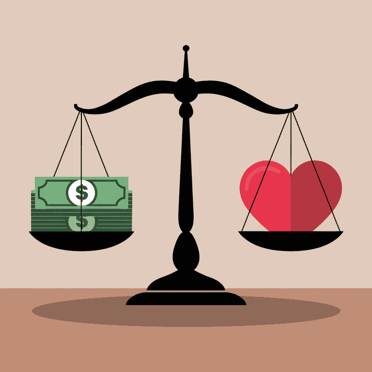 A scale balancing money and a heart, representing the financial and emotional dimensions of alimony.