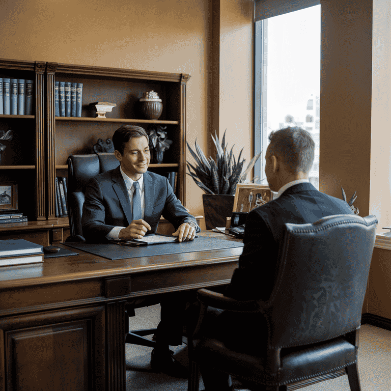 Attorney in a law office providing guidance to a client during a discussion, representing the role of legal assistance in simplifying the divorce process.