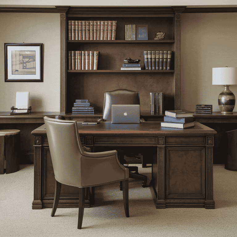 An office setting with legal books and a laptop, symbolizing the role of a divorce attorney in fighting a divorce.