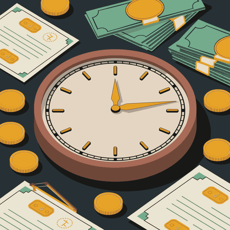 Illustration of a clock surrounded by symbols of money and legal documents, representing the duration and terms of alimony payments.