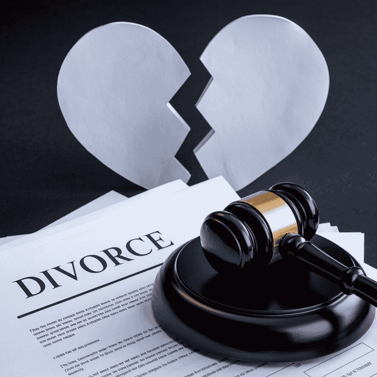 A gavel on a divorce legal document with a broken heart symbol in the background, representing the process of fighting a divorce in Nevada.