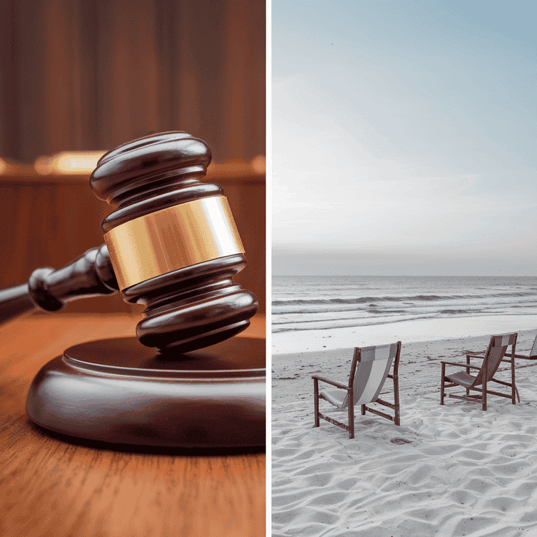 A split image depicting a gavel representing legal proceedings and a peaceful landscape symbolizing mediation and amicable divorce.