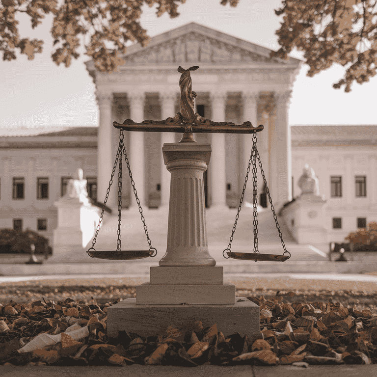 A scale of justice in front of a courthouse representing fairness and legal defenses in contested divorces.