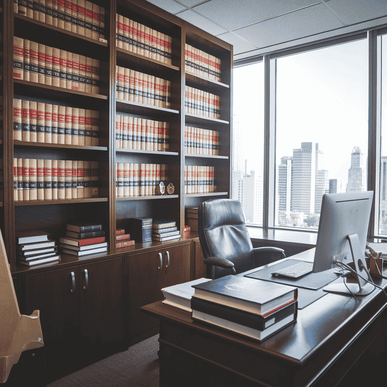 Interior of a modern lawyer's office with law books and city view