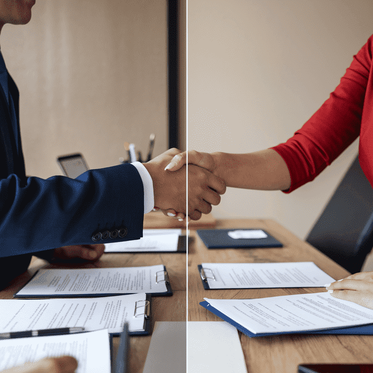 Two business partners shaking hands across a divided desk, symbolizing co-ownership after divorce