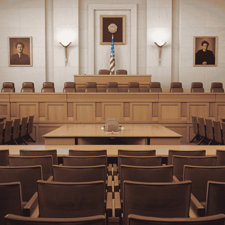 Empty jury box in a courtroom with the judge’s bench visible in the background.