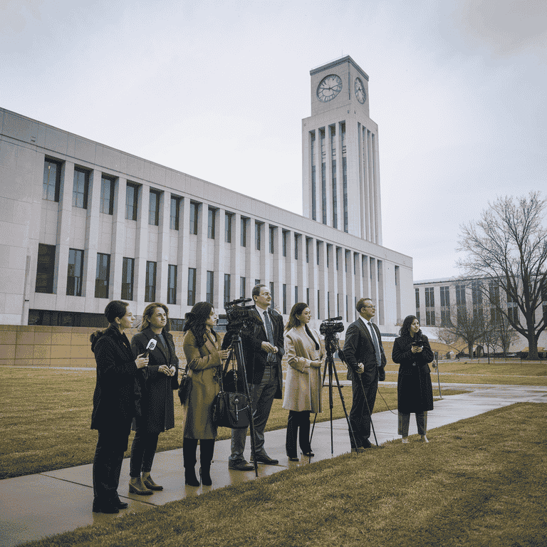 Reporters gathered outside a courthouse with cameras and microphones.