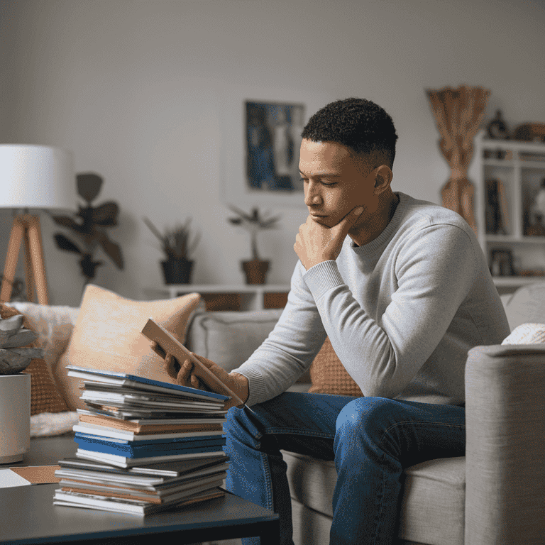 A parent contemplating family matters while looking at photographs.