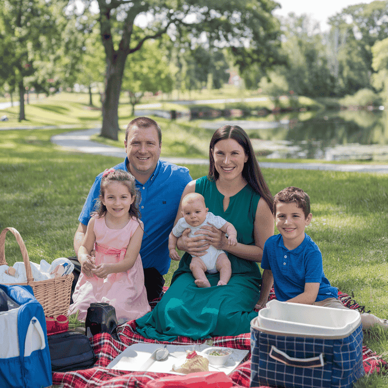 A family enjoying a picnic in the park, demonstrating effective co-parenting.