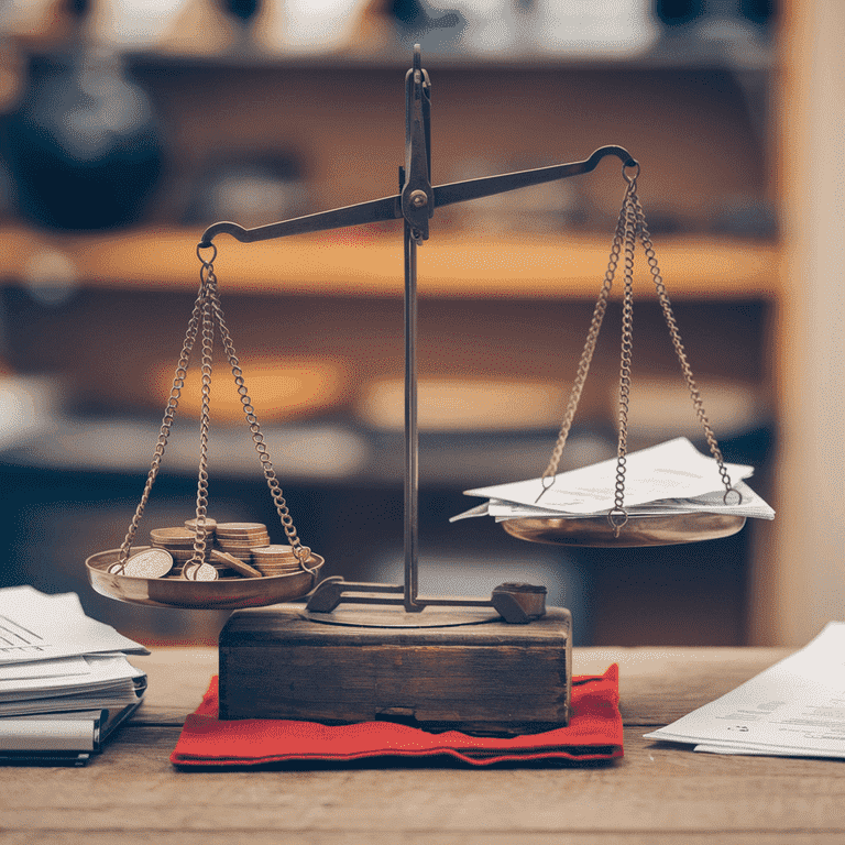 Balance scale with coins and legal documents representing the cost of hiring a divorce attorney.