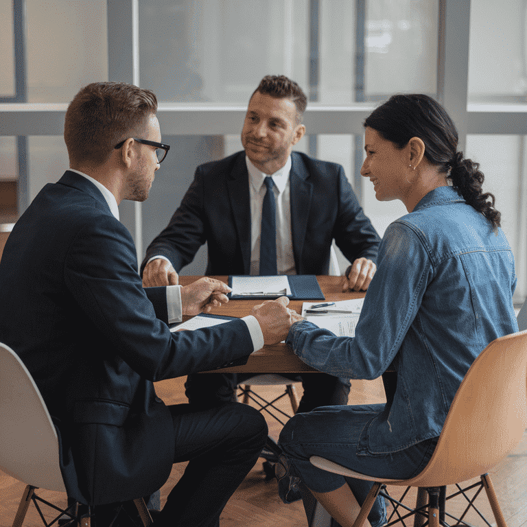 Lawyer, couple, and mediator sitting at a table discussing divorce mediation.