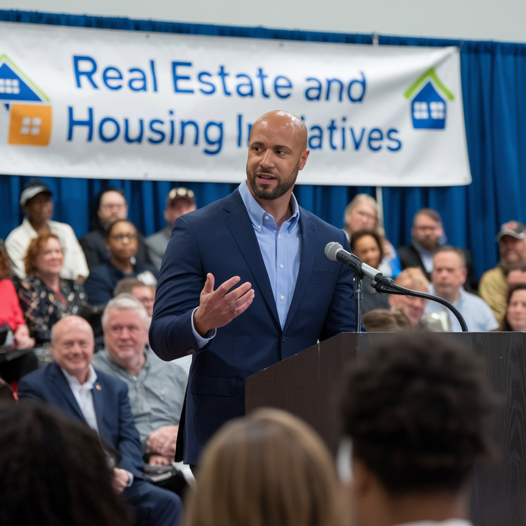 Damar Hamlin addresses an audience at a community event, promoting housing initiatives and real estate development in Buffalo.