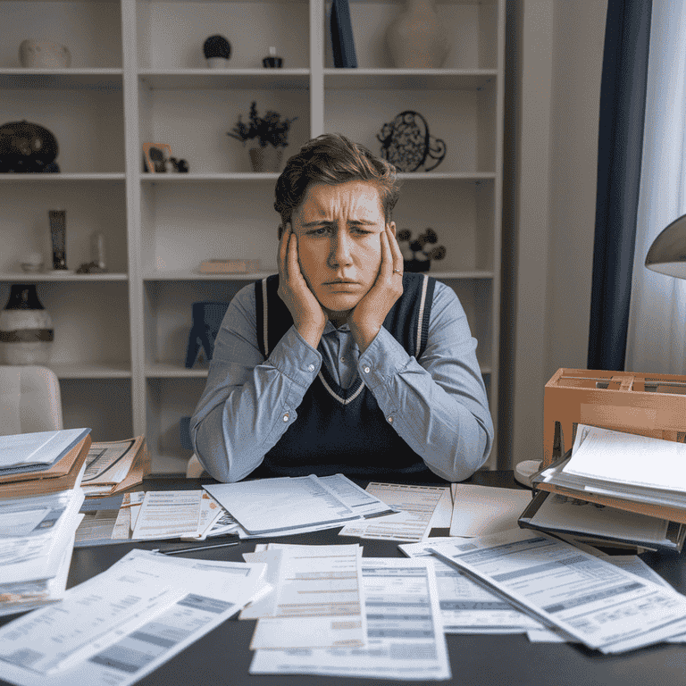 Individual looking stressed at a table filled with bills and paperwork, representing the emotional and financial implications of annulment.