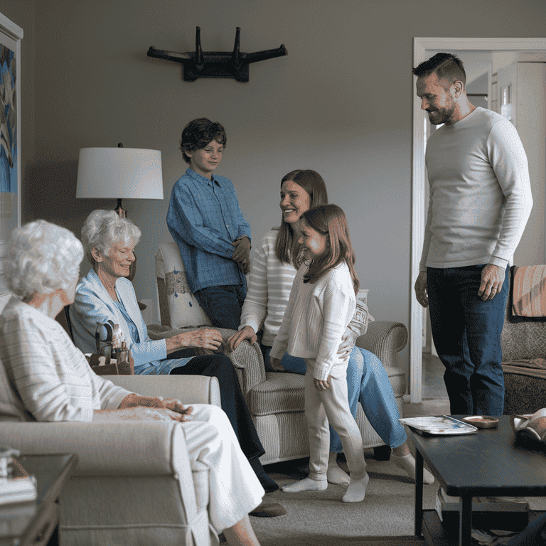 Family discussing estate planning documents in a cozy living room.