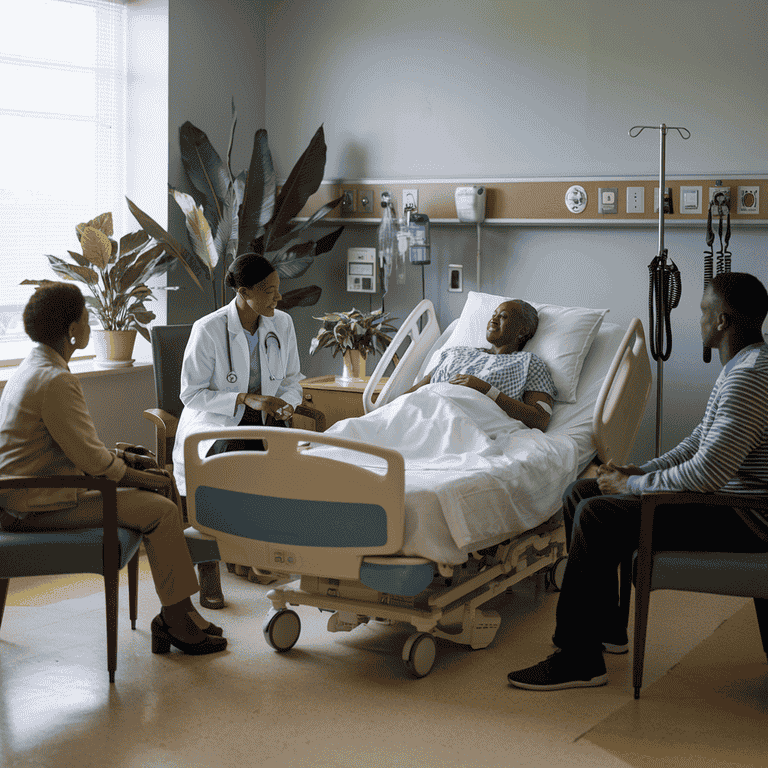 Medical professional discussing healthcare options with a patient and family in a hospital setting.