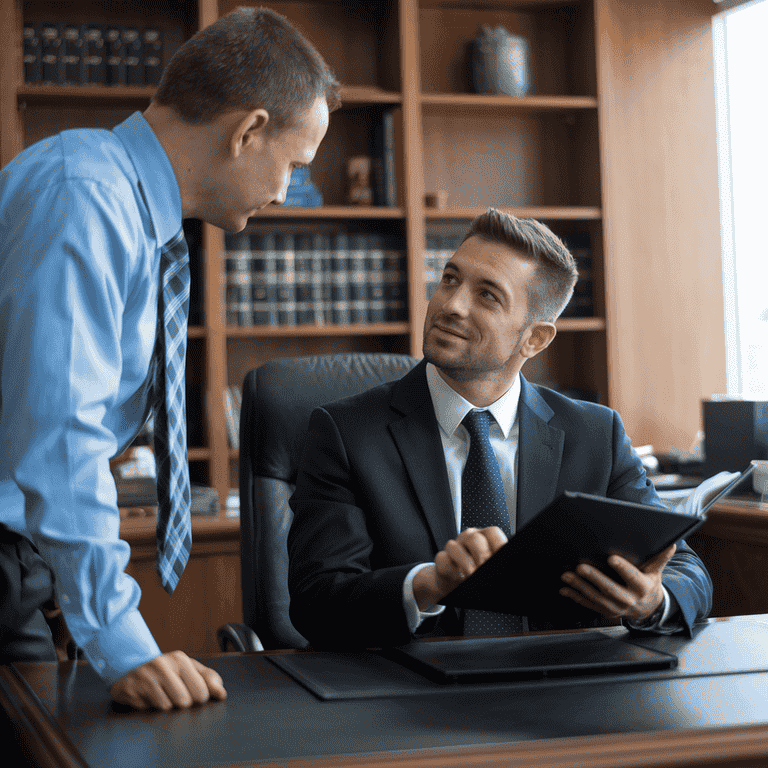 Lawyer consulting with a client in a legal office, emphasizing the role of legal representation in annulment and divorce cases.