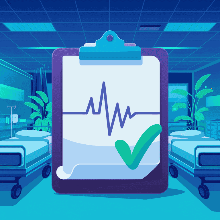 Medical clipboard with heartbeat line and checkmark