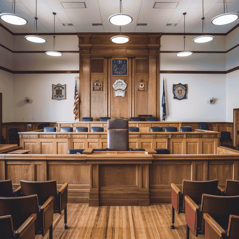 Empty judge's bench in a courtroom, symbolizing the judge's role in plea bargain proceedings