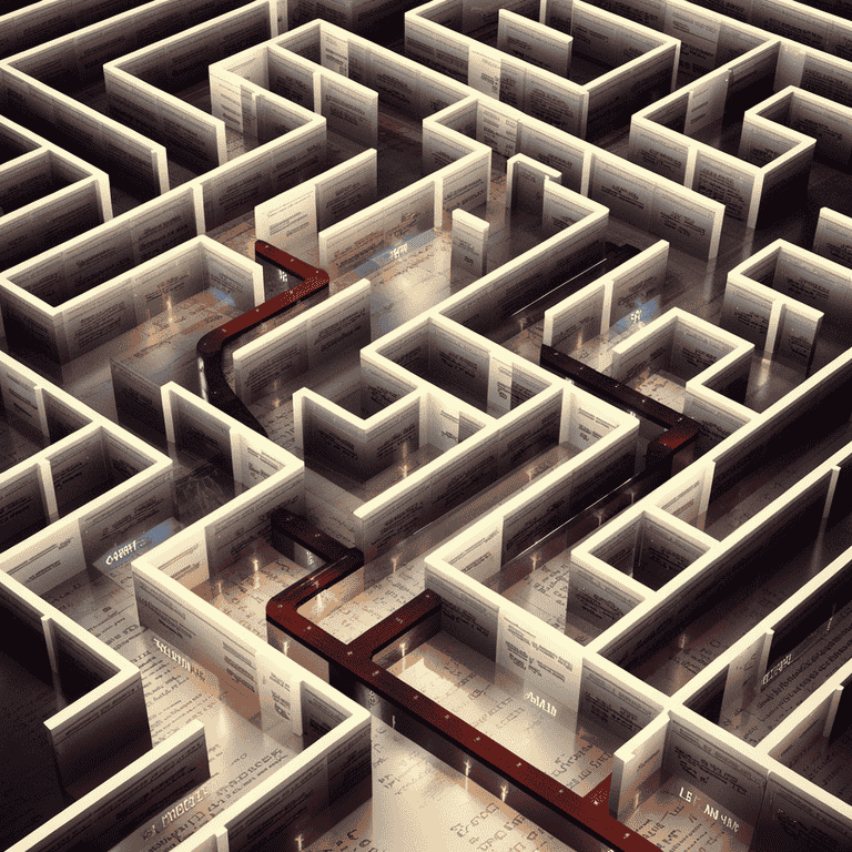 Complex maze diagram illustrating the intricate paths of the legal process.