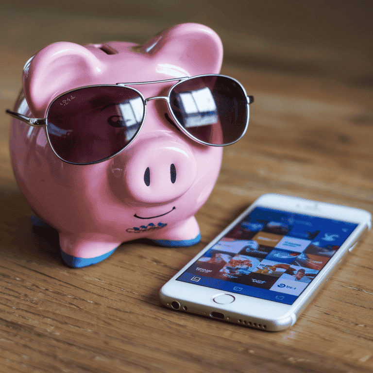 Piggy bank with sunglasses beside a smartphone showing a social media app.