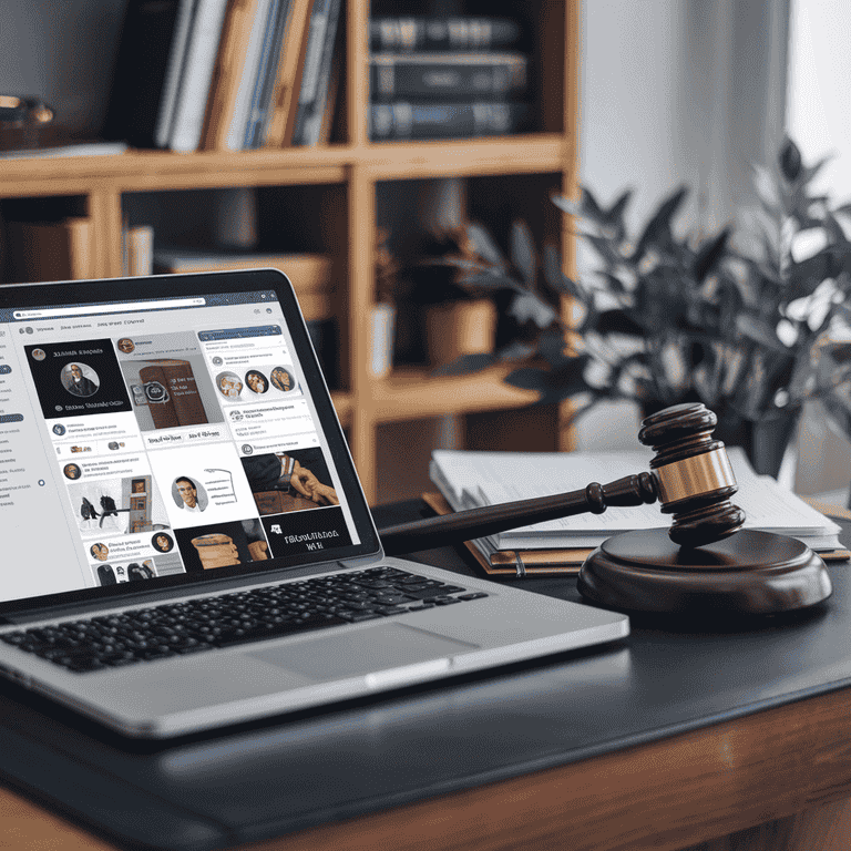 Lawyer's desk with laptop showing social media, legal pad, and gavel.