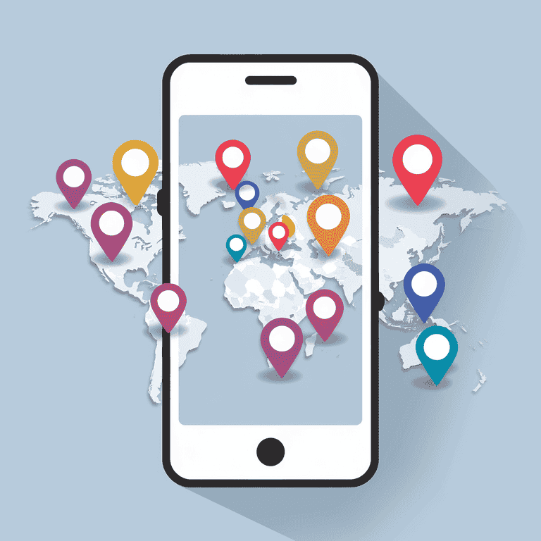 Smartphone showing a map with various location pins, representing check-ins.