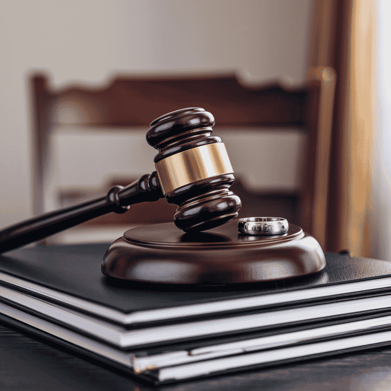 Gavel and legal papers symbolizing divorce proceedings, with wedding rings representing the end of a marriage