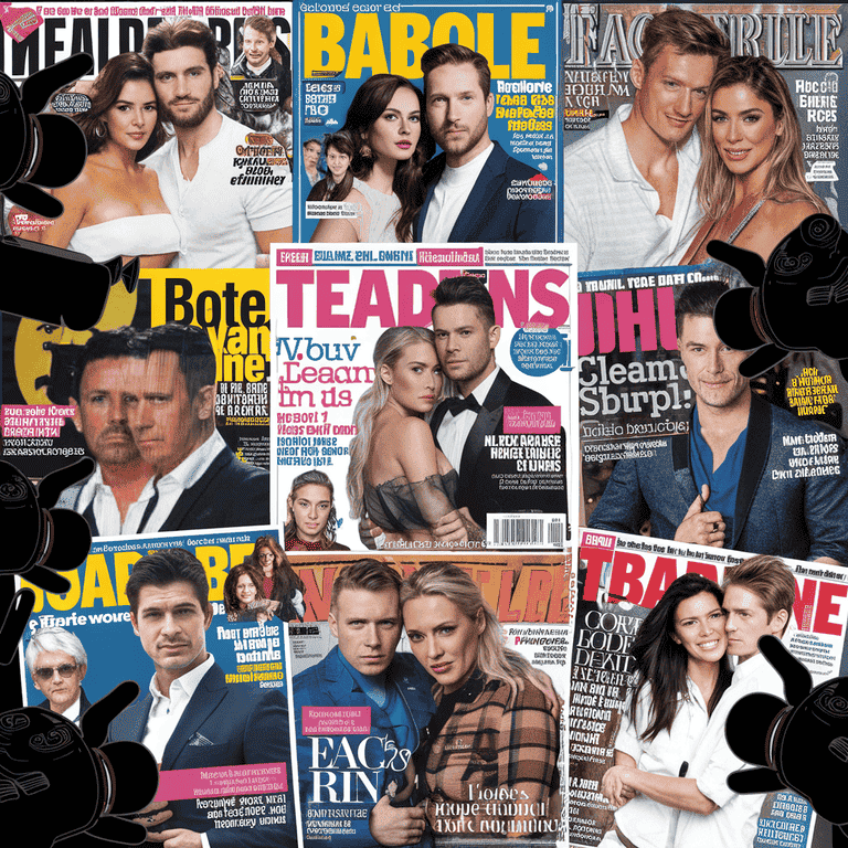 Tabloid magazine covers showcasing celebrity breakups with paparazzi cameras in the background