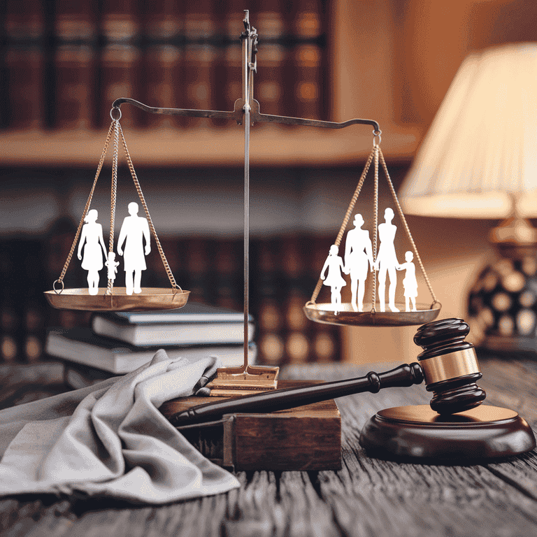 Balanced scale with gavel and family silhouette representing inheritance laws