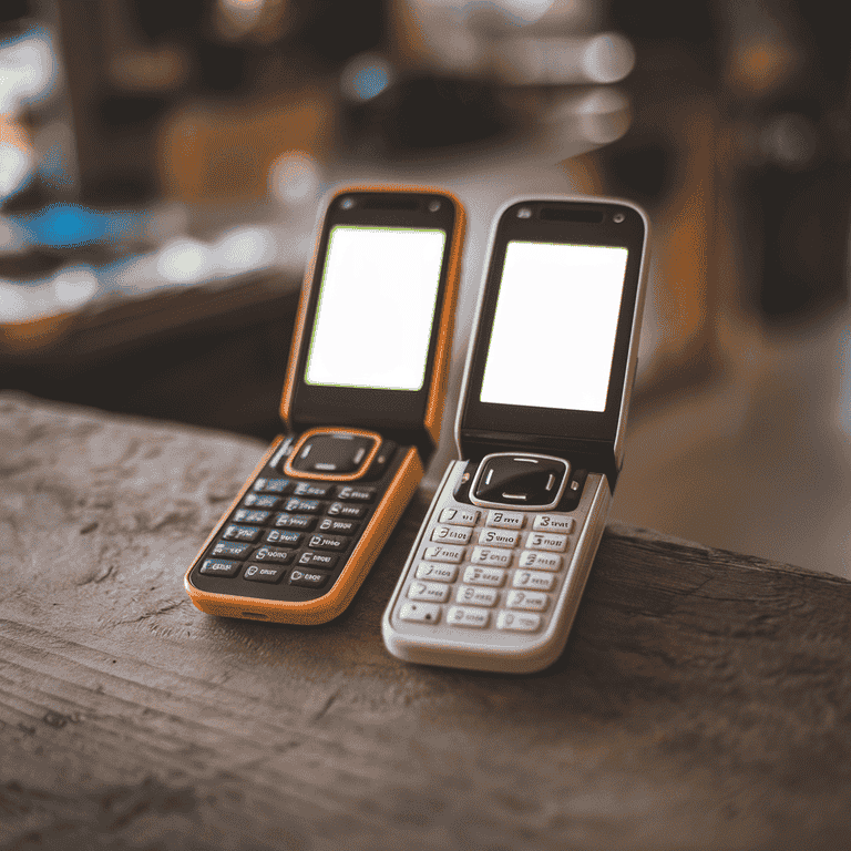 Two vintage flip phones illuminated on a wooden surface, symbolizing reconnection.