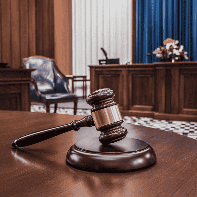 A courtroom scene featuring a judge's gavel and empty courtroom chairs, symbolizing the legal hearing process.